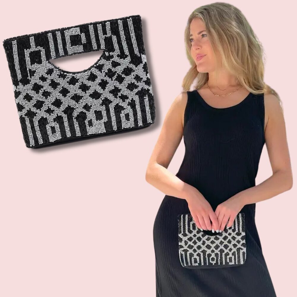 Glass Sparkle Seed Beaded Top Handle Tote Bag Handbag Spring Black NEW